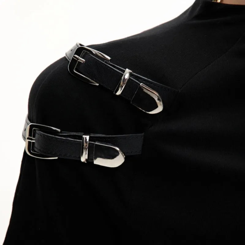 Men's black slim fit cotton T-shirt with metal belt detail on stand-up collar and short sleeves