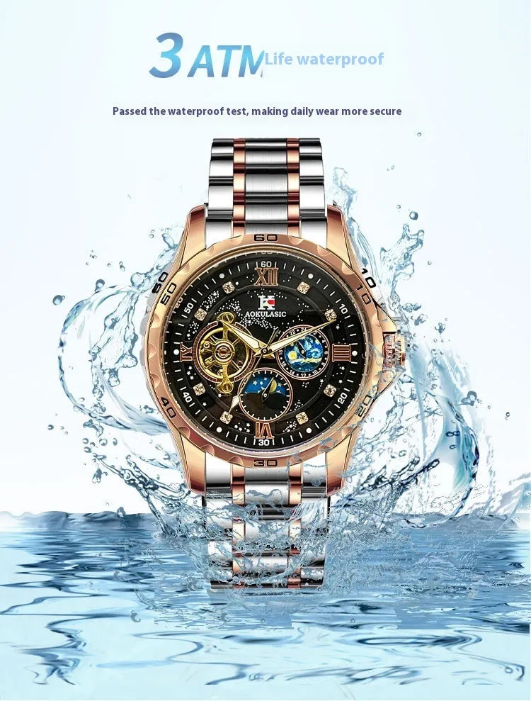Men's automatic mechanical watch with rose gold case and large black dial