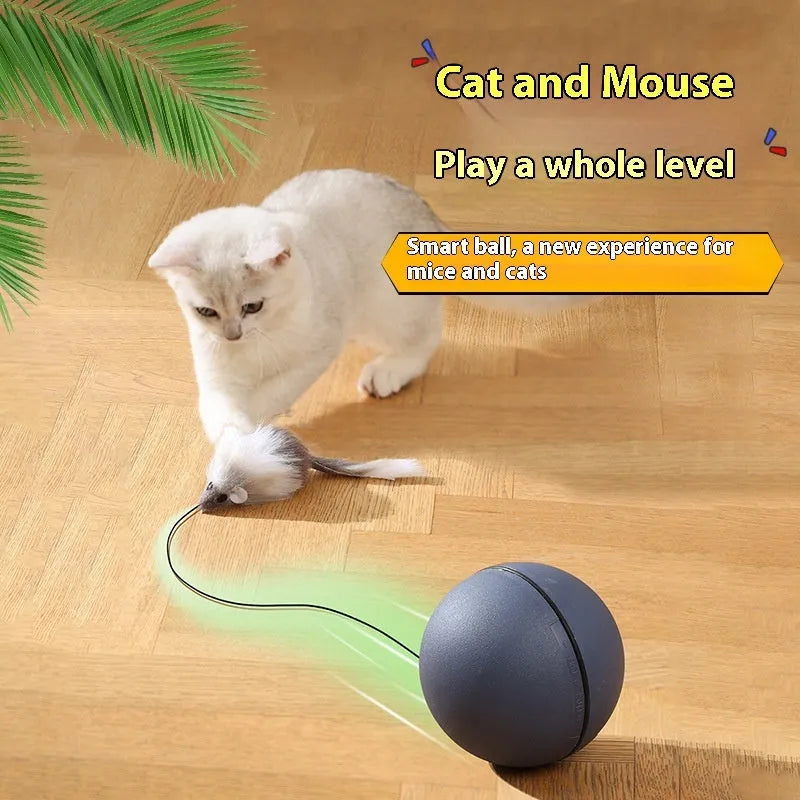 Automatic cat teaser ball toy with plush mouse attachment in blue-orange colour