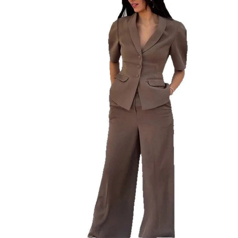 Brown men's slim-fit waist suit jacket with matching trousers on hanger