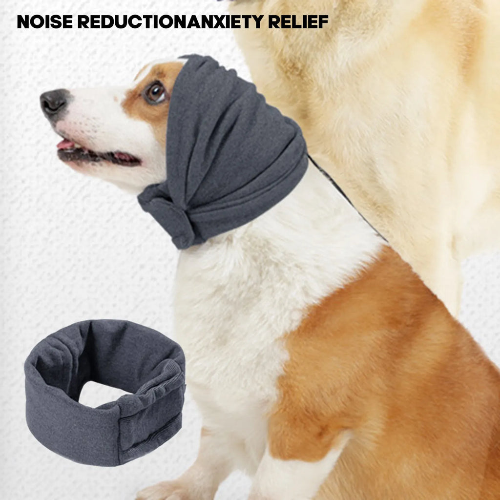 Dog wearing black calming hoodie covering ears with hair protection and scarf function