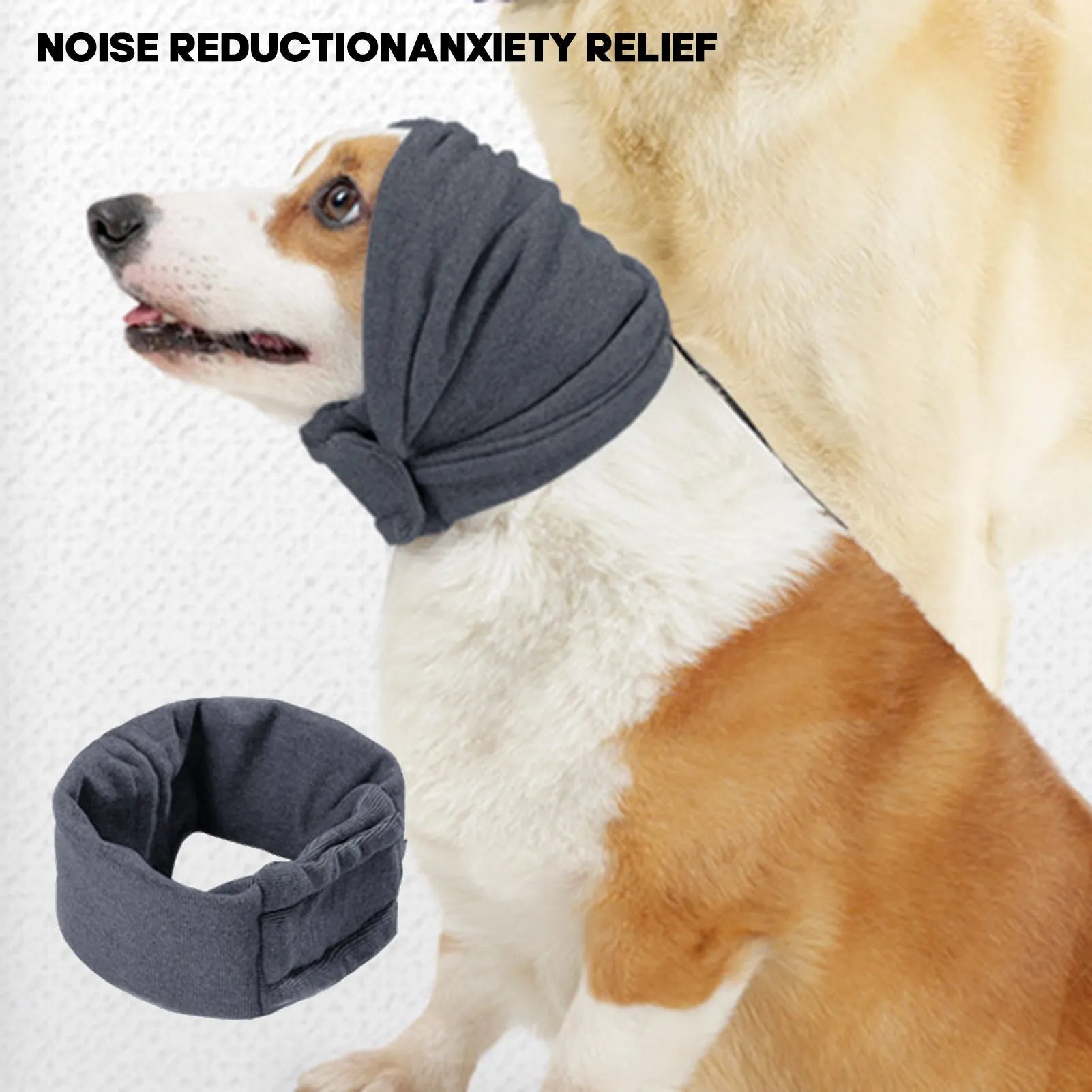 Dog wearing black calming hoodie covering ears with hair protection and scarf function