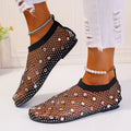 Women's flat mesh sandals with colourful rhinestone decoration and round toe design