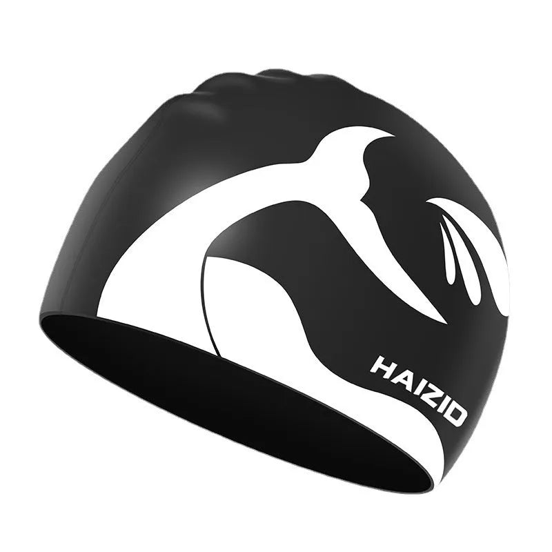 Whale tail pattern silicone swim cap with waterproof ear protectors in black colour option