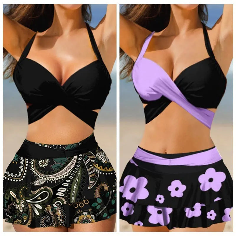 Purple high-waisted women's bikini swimsuit with lace-up detail and split skirt, showing backless design