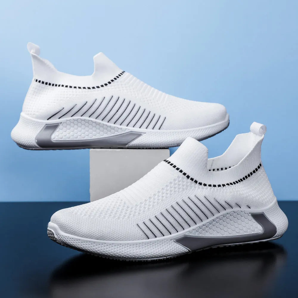 Men's mesh sock shoes with striped design, Flyknit upper, and lace-up front in black colour
