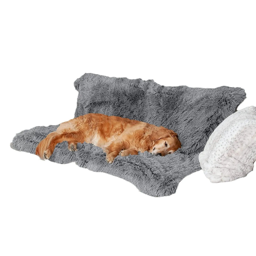 Plush waterproof dog cushion in dark grey, light grey and rubber colour options showing four size variations