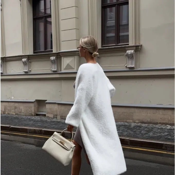 White women's polyester knit cardigan jacket with 105cm length and loose fit