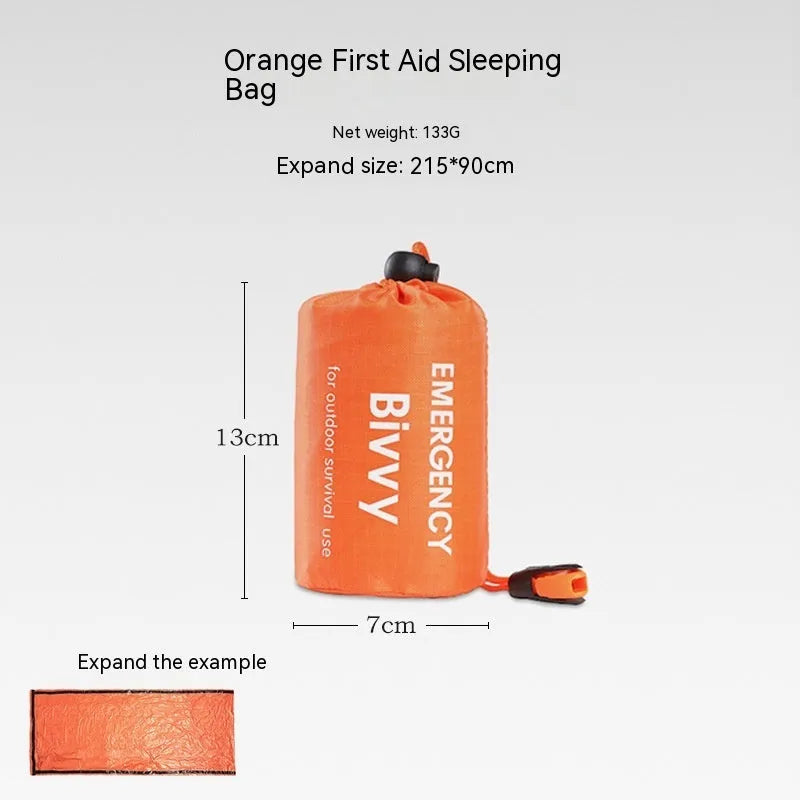 Emergency disaster relief tent kit with orange sleeping bag and whistle survival gear