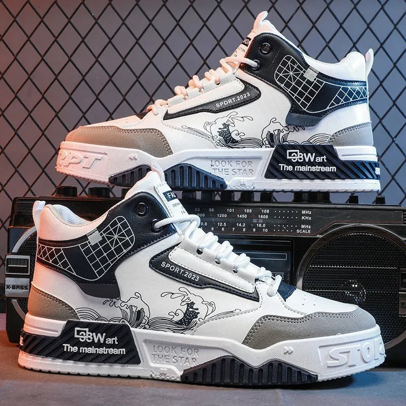 Men's beige high-top board shoes with mesh lining and rubber soles