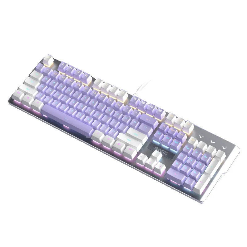 White and purple mechanical keyboard and mouse set with RGB backlight and gaming headset