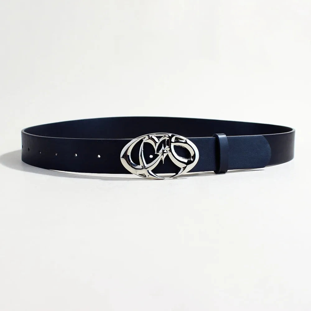 Men's silver buckle PU leather belt with snap button closure, 105cm length