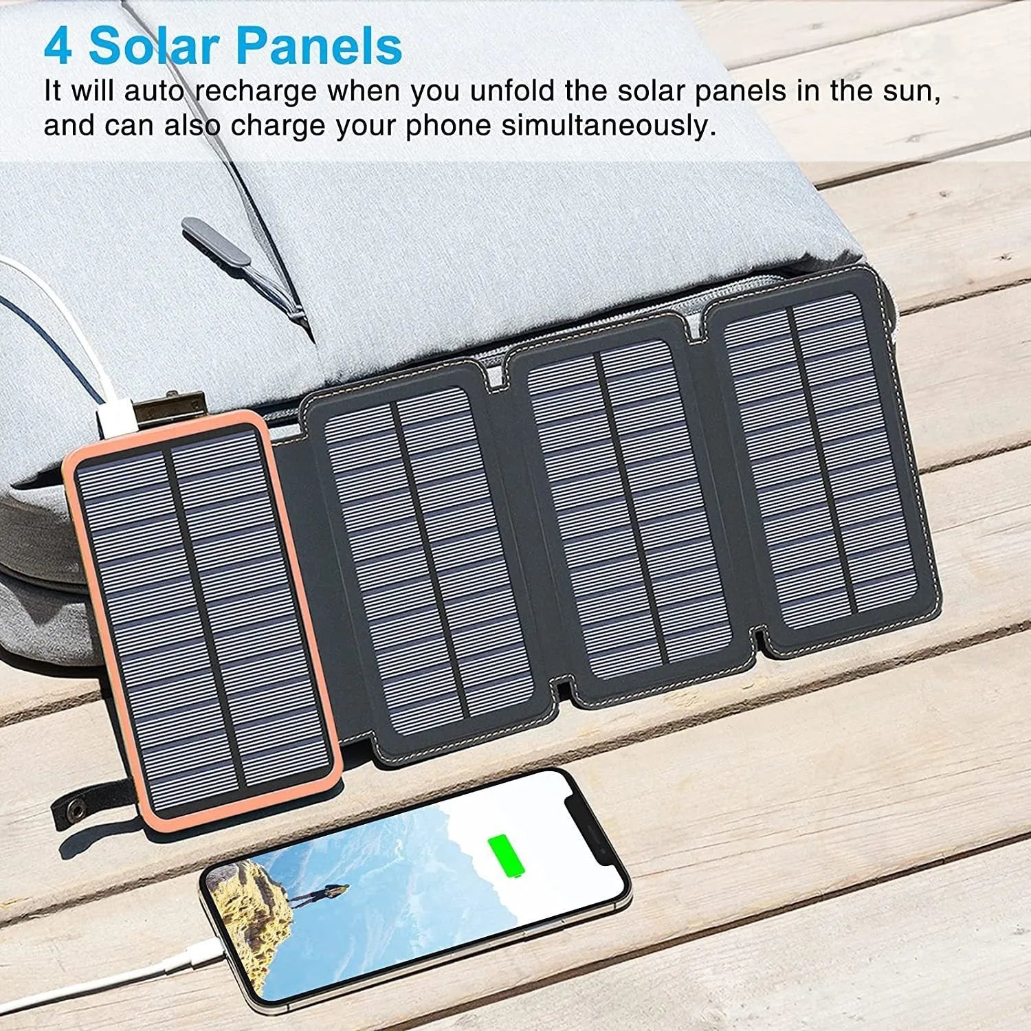 Outdoor waterproof solar power bank in multiple colours with charging cable and LED light