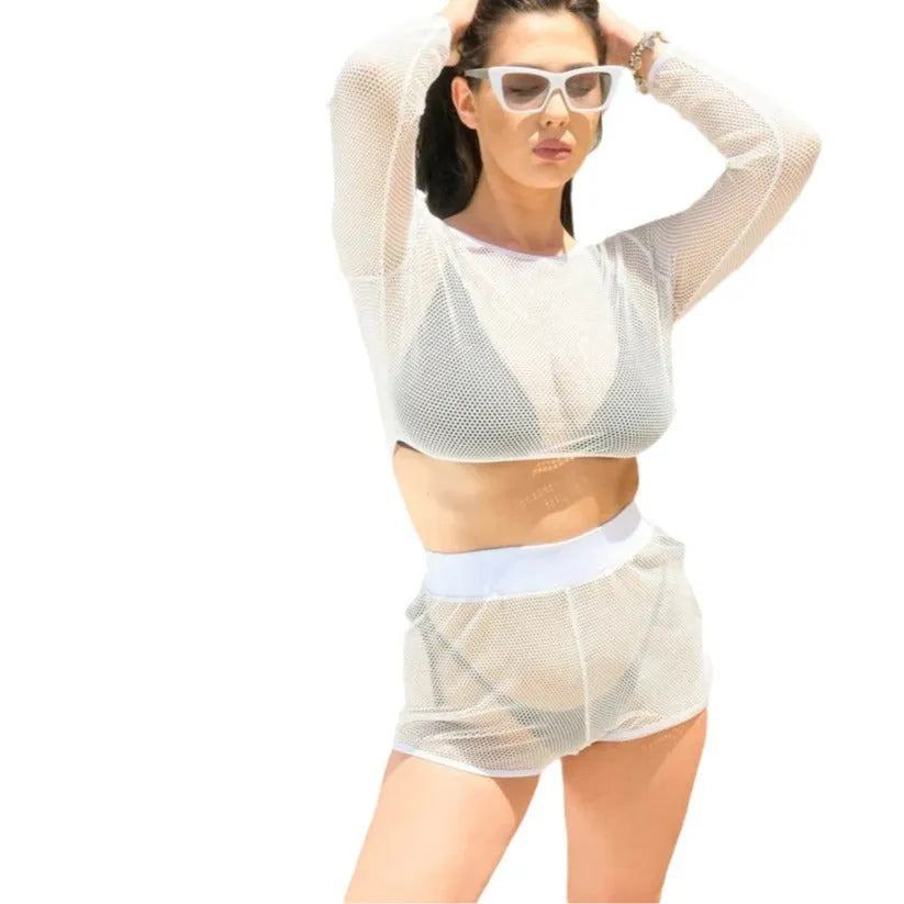 White women's two-piece beach swimsuit with transparent detailing and breathable straps