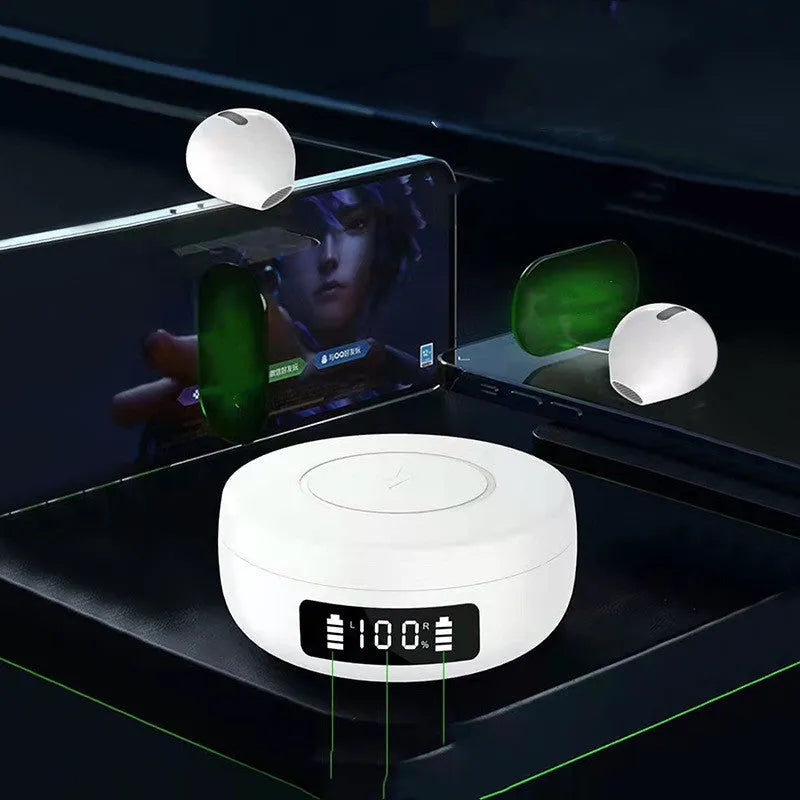 Mini small semi-in-ear wireless headphones with wireless charging case in black, white or colour