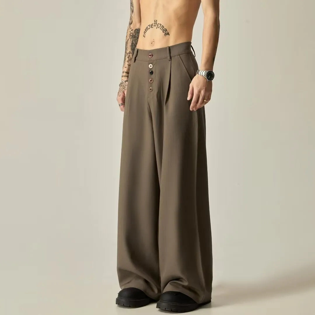 Men's black wide-leg casual trousers with straight-leg design and mid waist
