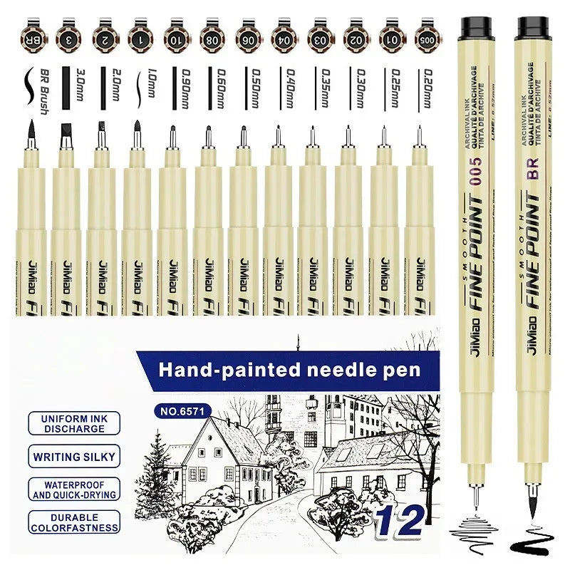 Black needle tip drawing pen with cartoon syringe and hook line artwork on a 133mm plastic barrel.