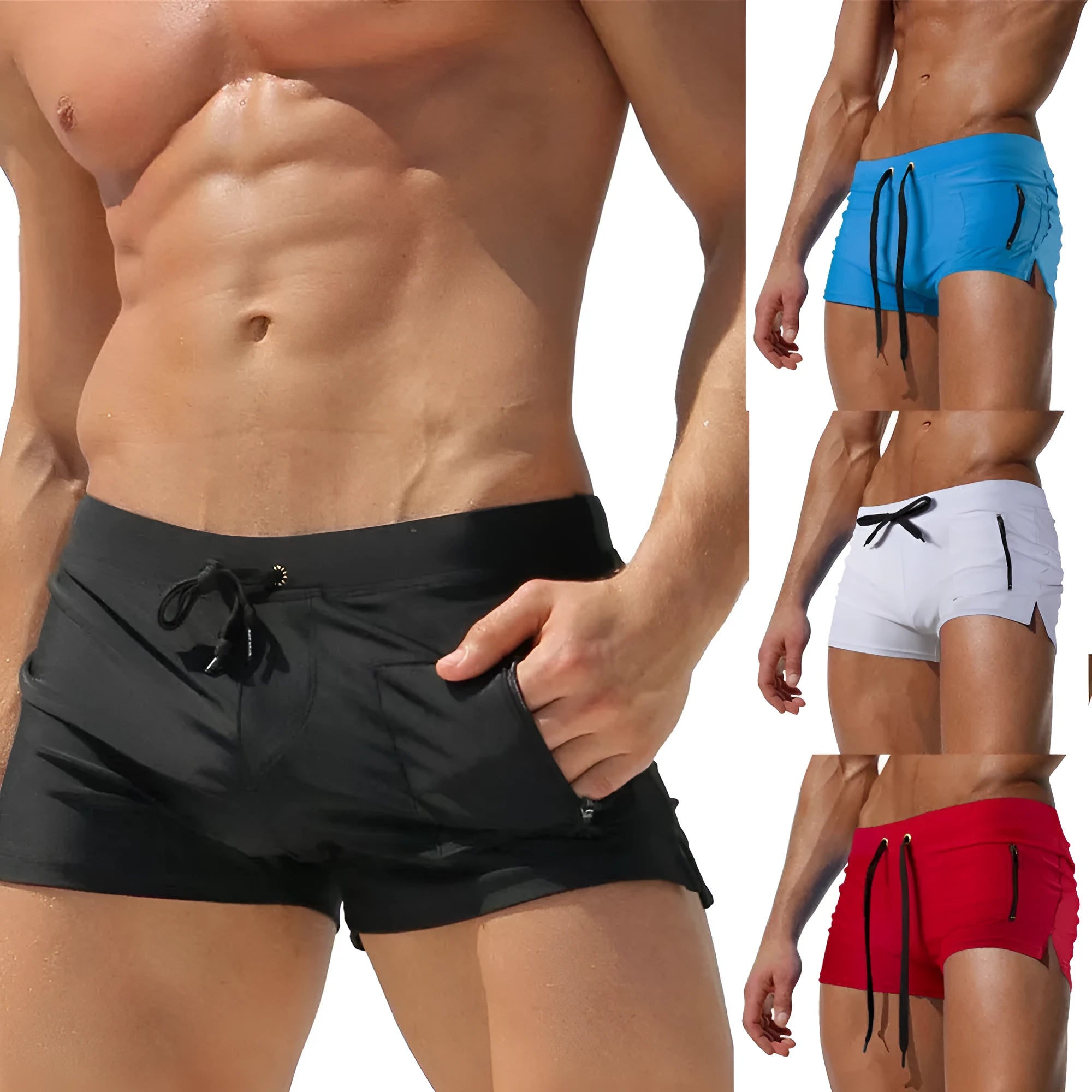 Men's black high waist tight lace-up swimming trunks made from polyester with spandex lining.