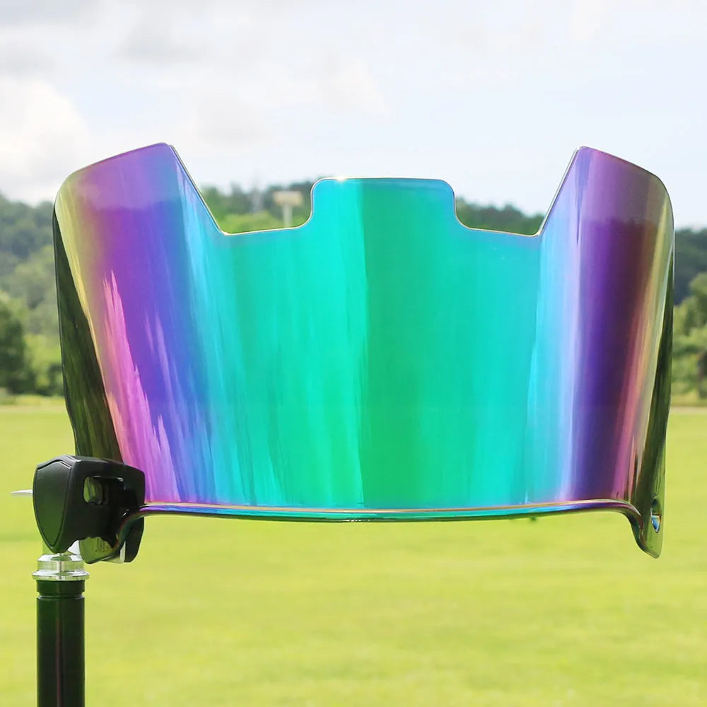 Multicolour American-style rugby helmet goggles shown attached to a helmet for impact protection.