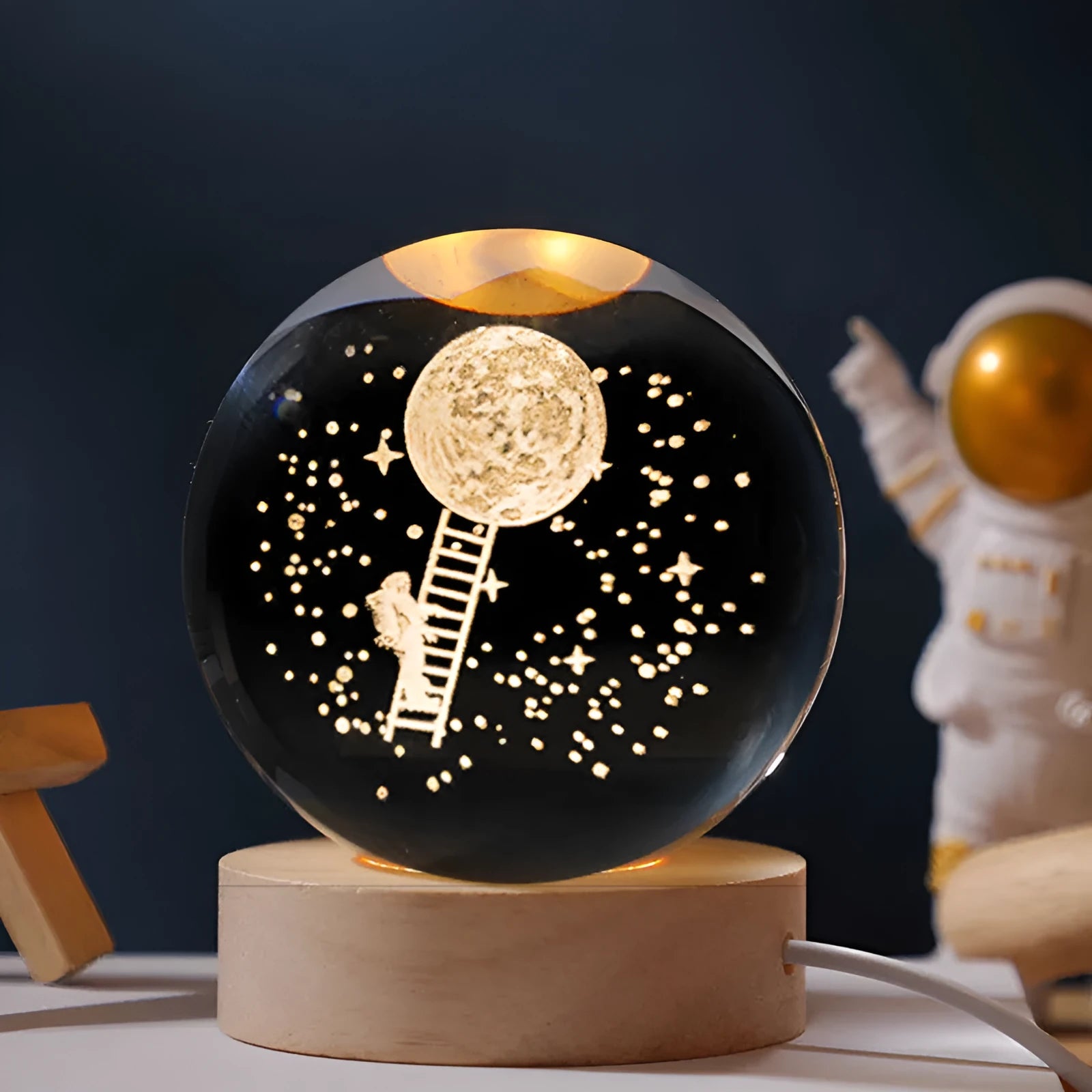 Illuminated starry sky crystal ball on round wooden base, USB-powered desktop ornament