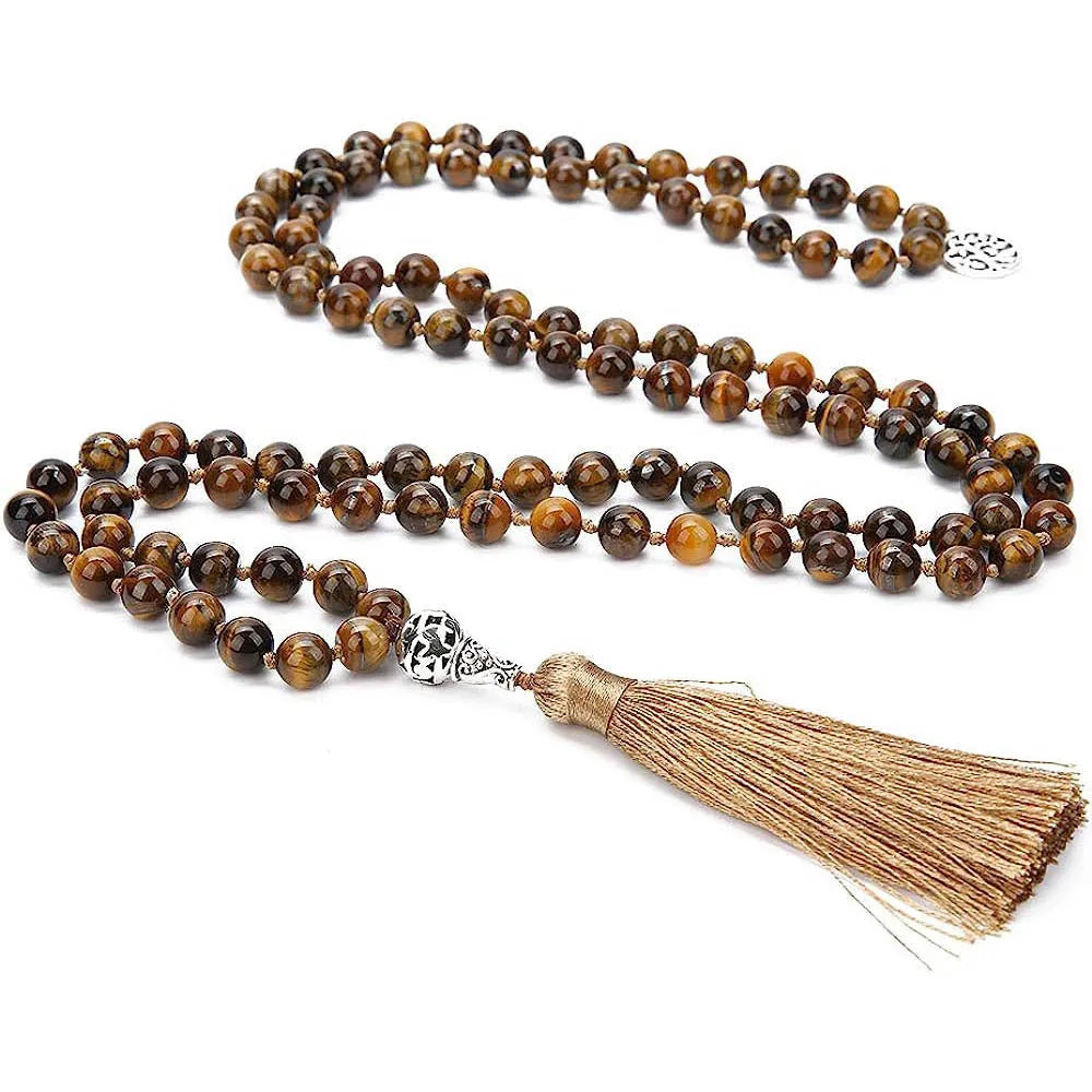 Handmade stone beaded necklace with 108 knotted 8mm beads in various natural colours on a 81cm strand