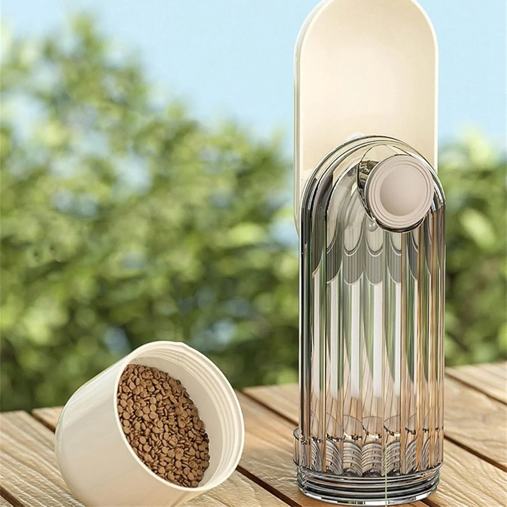 Beige foldable dog water bottle with drinking tray and base food container, shown open and closed