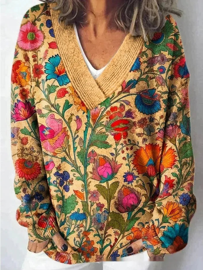 Women's V-neck long sleeve sweatshirt with a detailed 3D floral pattern print in a retro style.