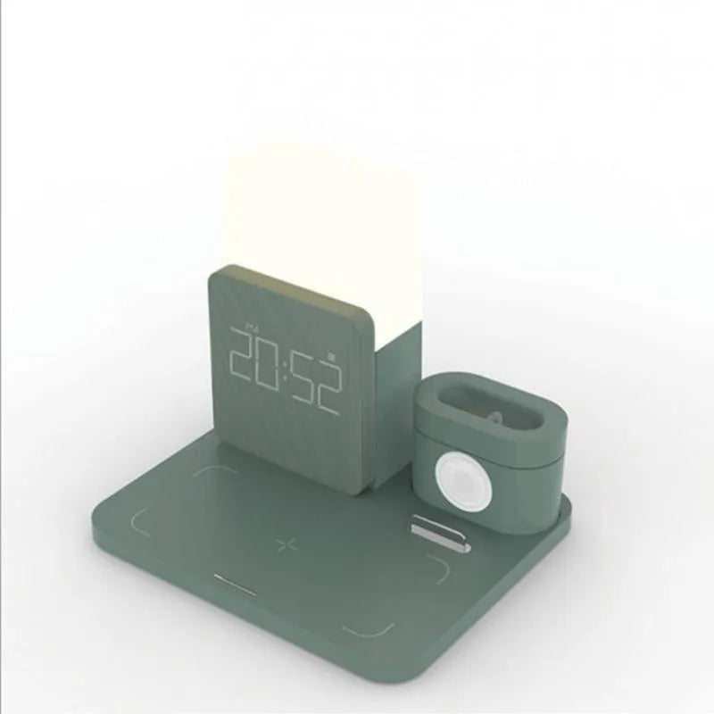 3-in-1 Qi wireless charging stand for iPhone, AirPods, and Apple Watch in dark green.