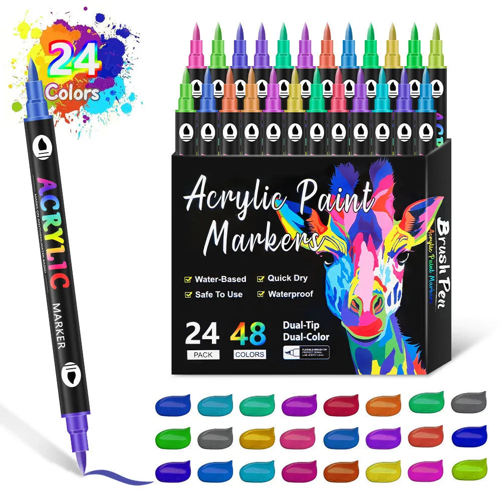 Set of double-headed acrylic marker pens with fine and brush tips showing opaque washable ink