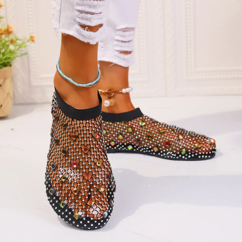 Women's flat mesh sandals with colourful rhinestone decoration and round toe design