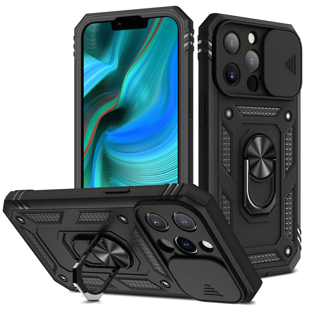 Magnetic iPhone case with sliding kickstand in sapphire blue colour.