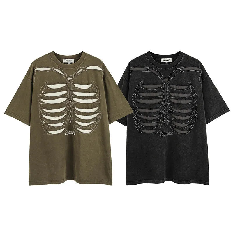 Black cotton t-shirt with skull and letter graphic, drop-shoulder sleeves, loose fit