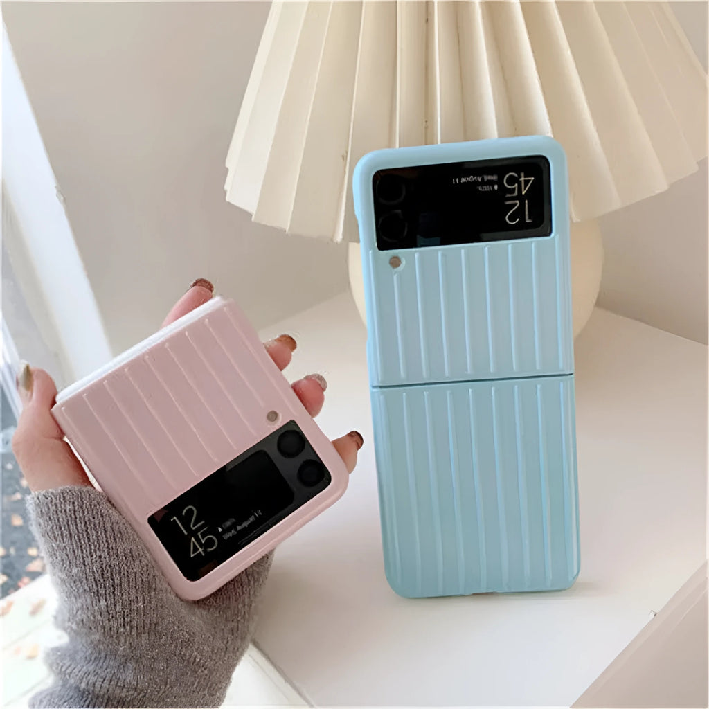 Samsung Z Flip3 flip phone case in PC material showing colour options: black, red, pink, silver, gold, sky blue, light green.