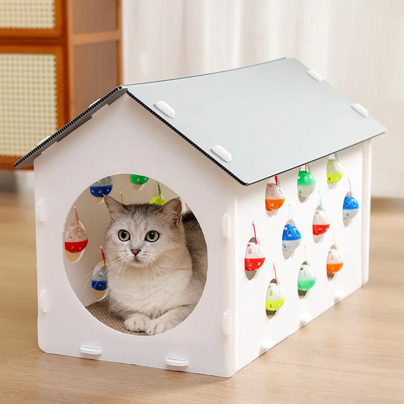 Integrated cat scratch board with nest featuring bell ball toy and plastic tunnel construction