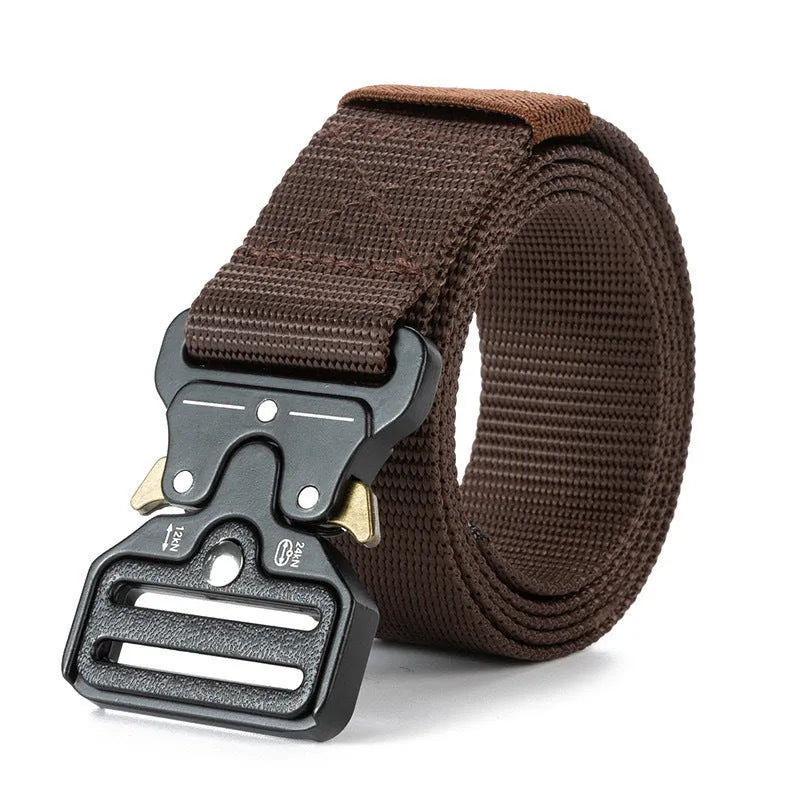 Men's thick woven canvas tactical belt with an alloy release buckle, shown in one of five colour options