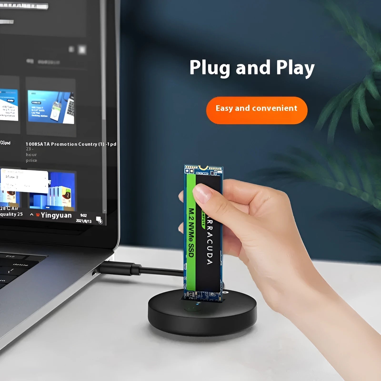 Black external solid state drive enclosure with Type-C cable for NVMe M.2 SSD conversion