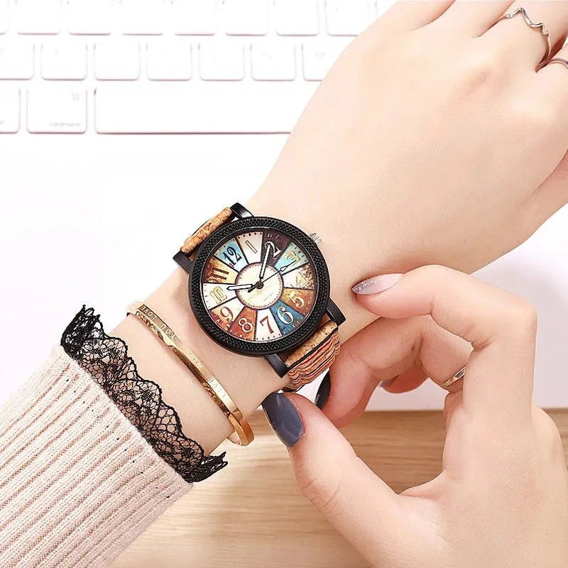 Women's vintage leather wrist watch with round 37mm dial and stainless steel buckle