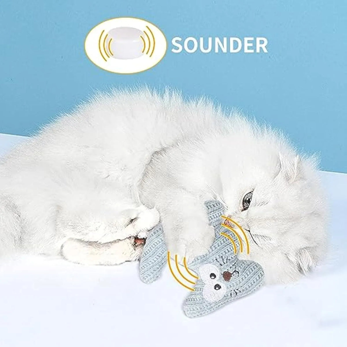 Cyan and light coffee coloured plush catnip chew toy with bell on a neutral background