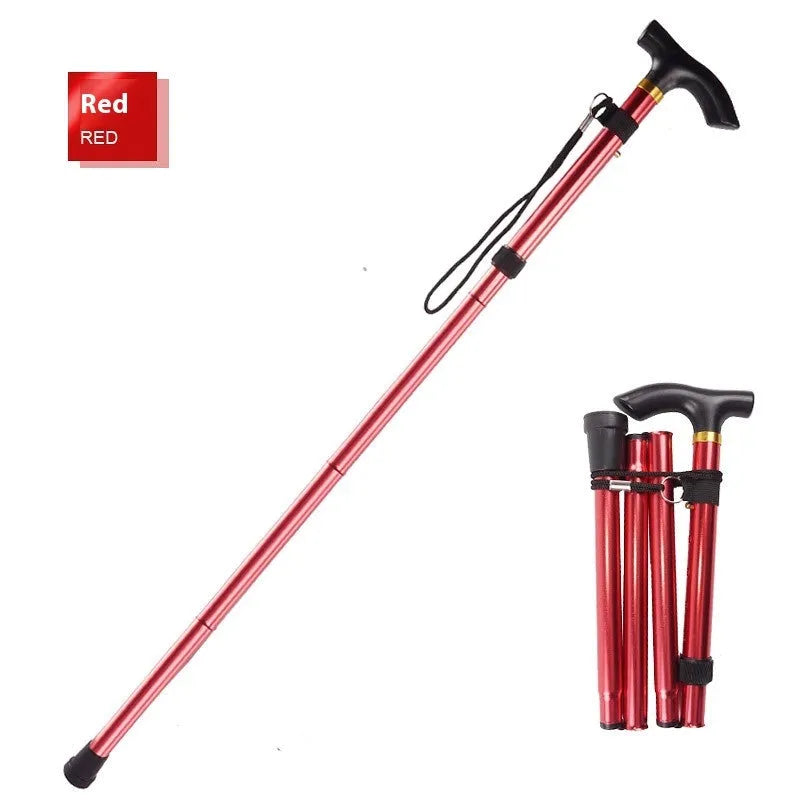 Aluminium folding walking stick extended to show height adjustment and non-slip rubber handle