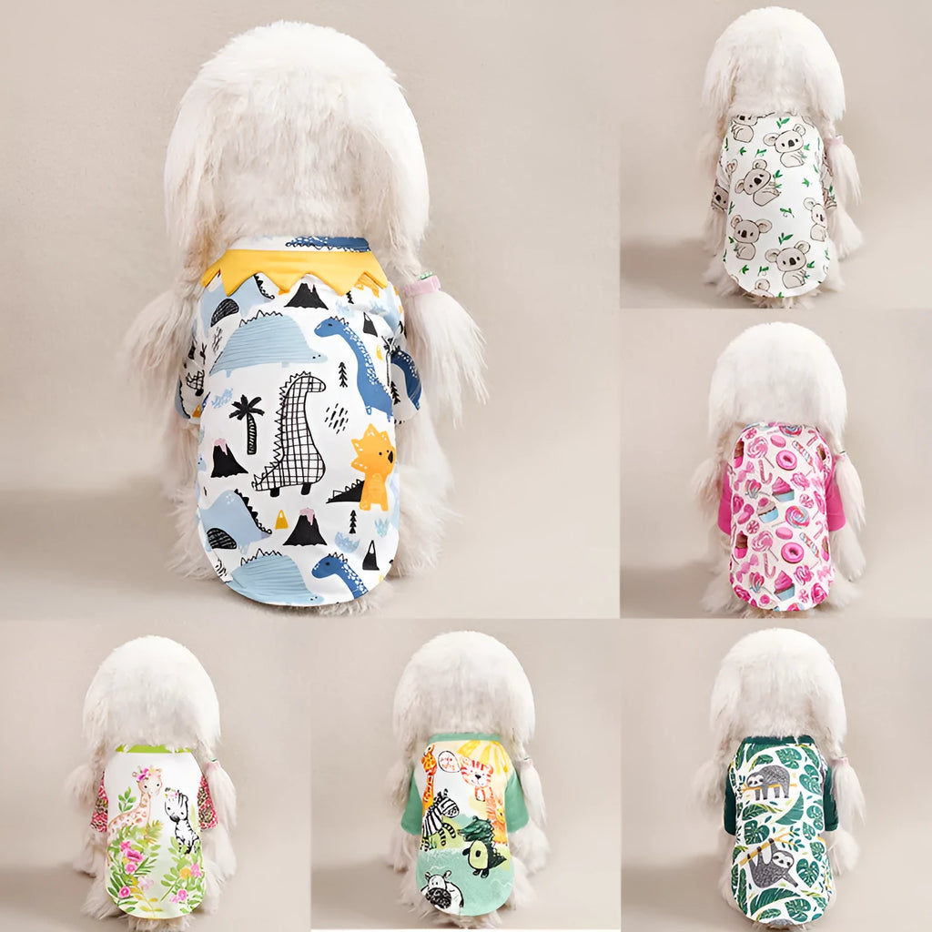 Full printed polyester t-shirt for small dogs in various colours, showing size chart for S, M, L, XL, XXL.