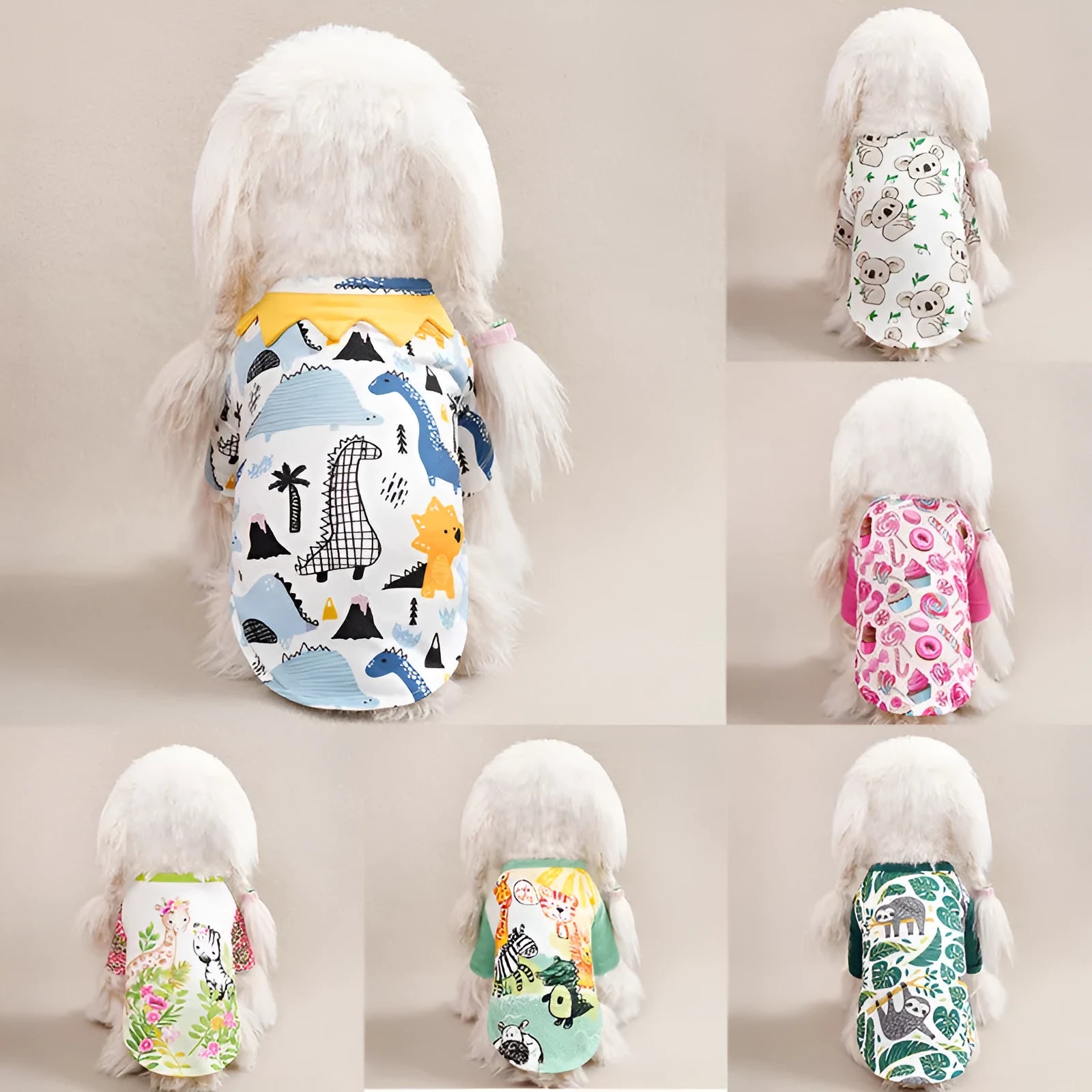 Full printed polyester t-shirt for small dogs in various colours, showing size chart for S, M, L, XL, XXL.