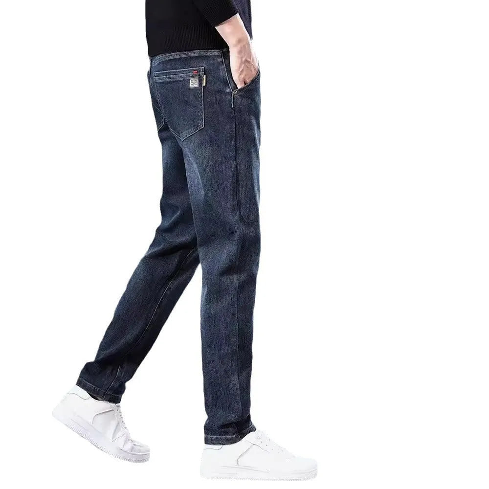 Men's slim straight casual trousers in blue grey or black with micro-elastic waistband and zip fly