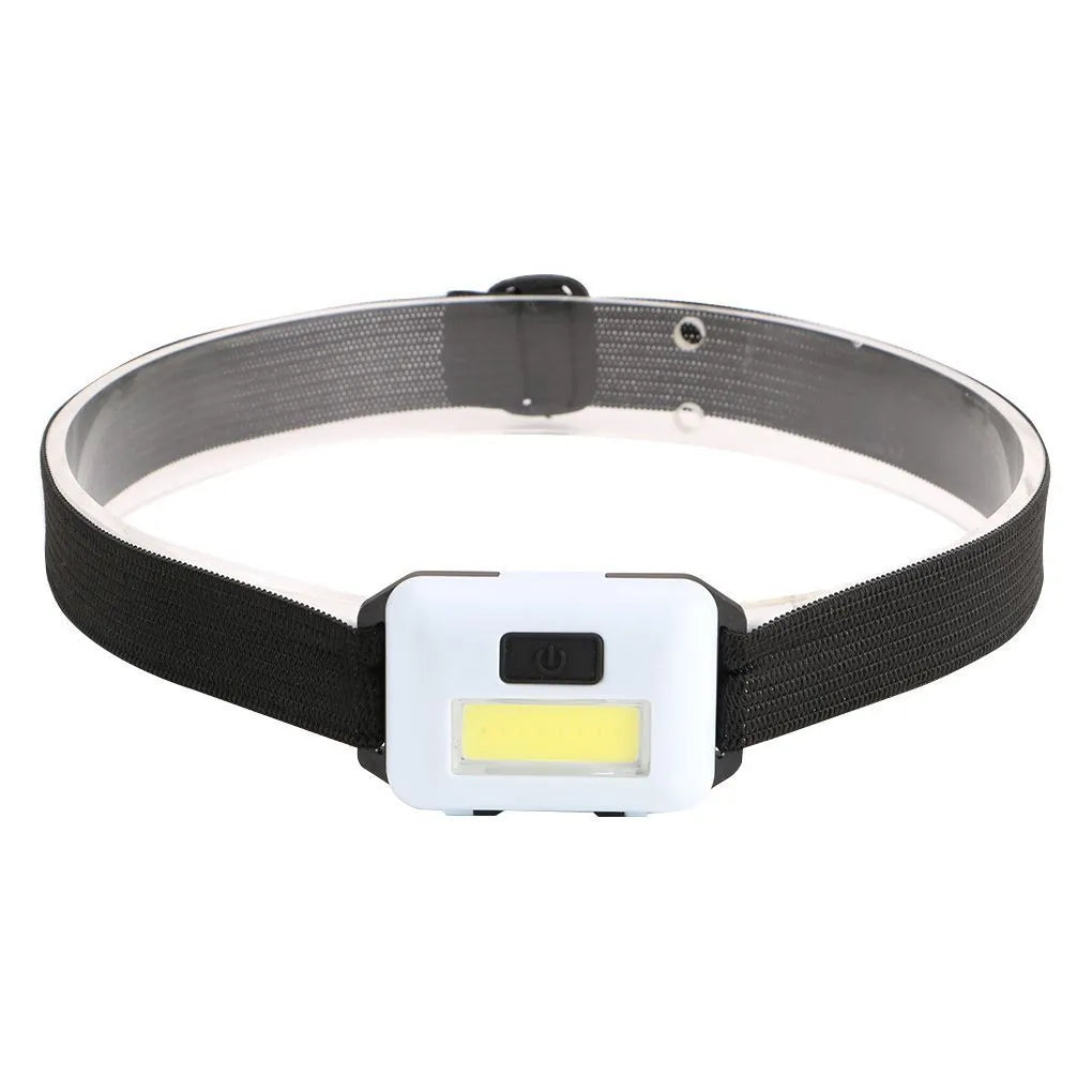 Compact blue outdoor LED headlamp with an adjustable black polyester strap, showing the COB bulb and control button.