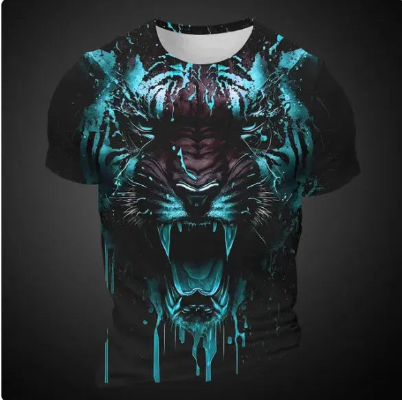 Close-up view of a man's grey T-shirt with a detailed, realistic 3D tiger face print on the chest.