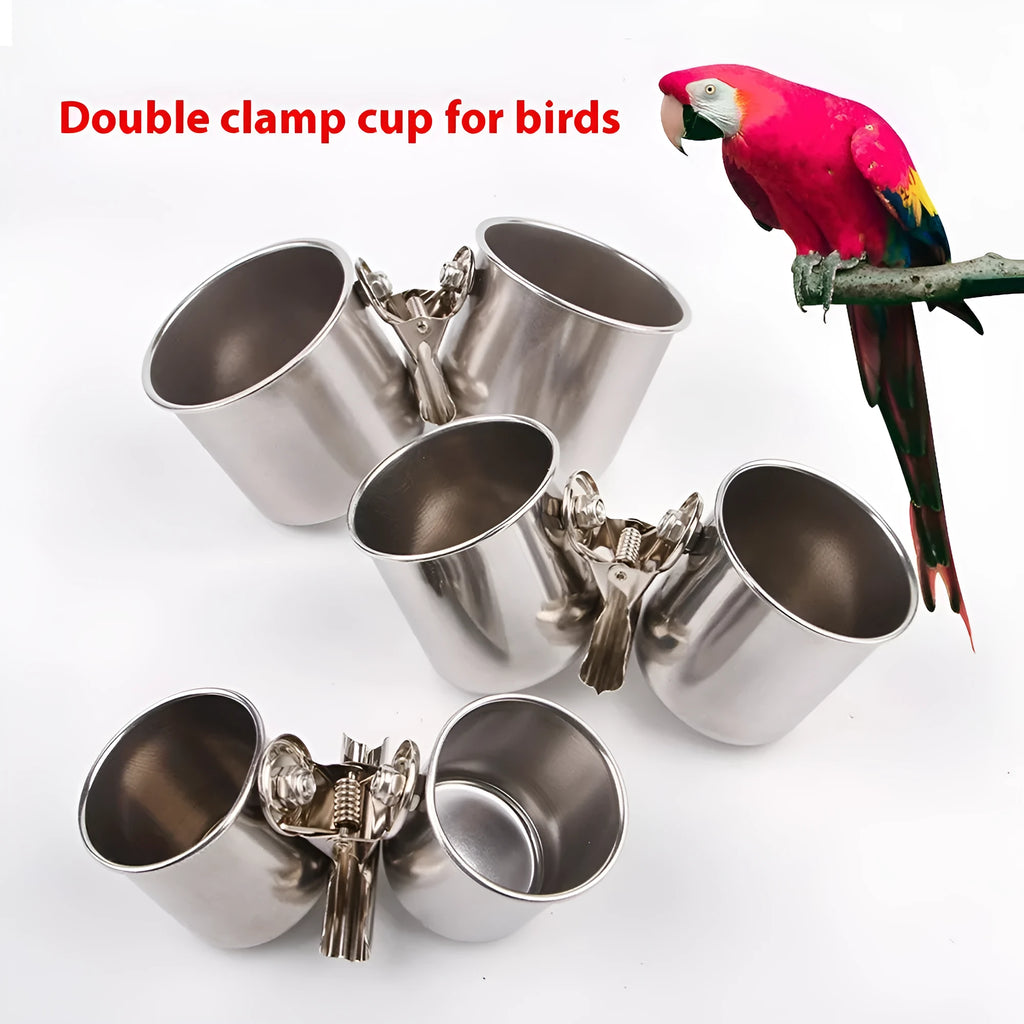 Stainless steel outdoor bird feeder for cages in natural metal colour.