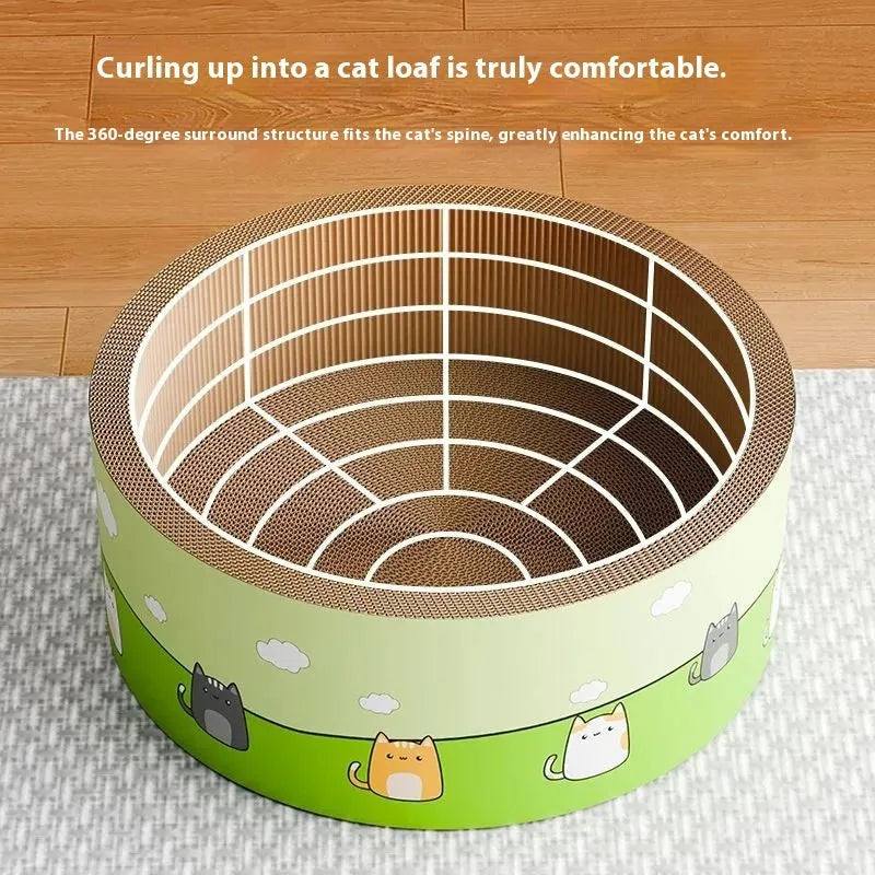 Large round corrugated paper cat scratch board with deepening pit design, shown in 45cm and 50cm sizes.