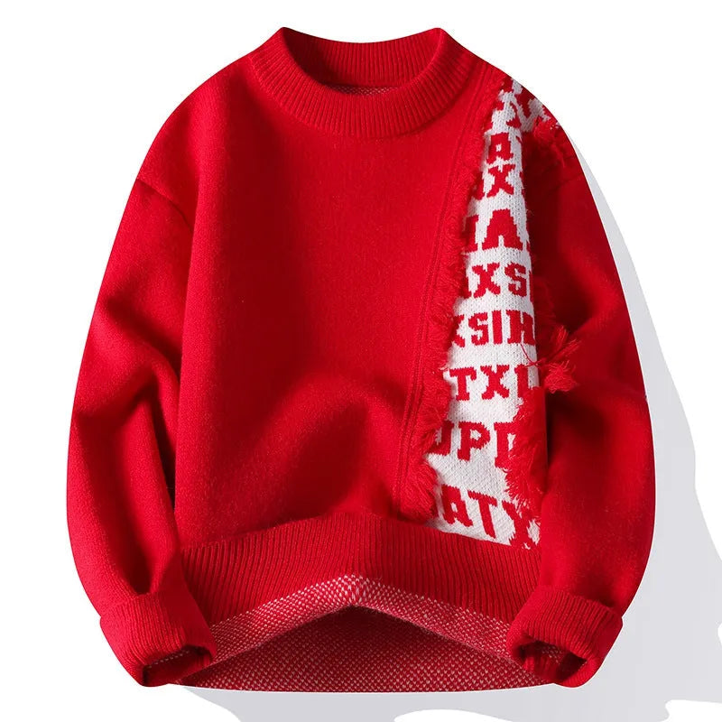 Men's loose fit knitted pullover in rabbit fur with ribbed hemline, shown in multiple colours.