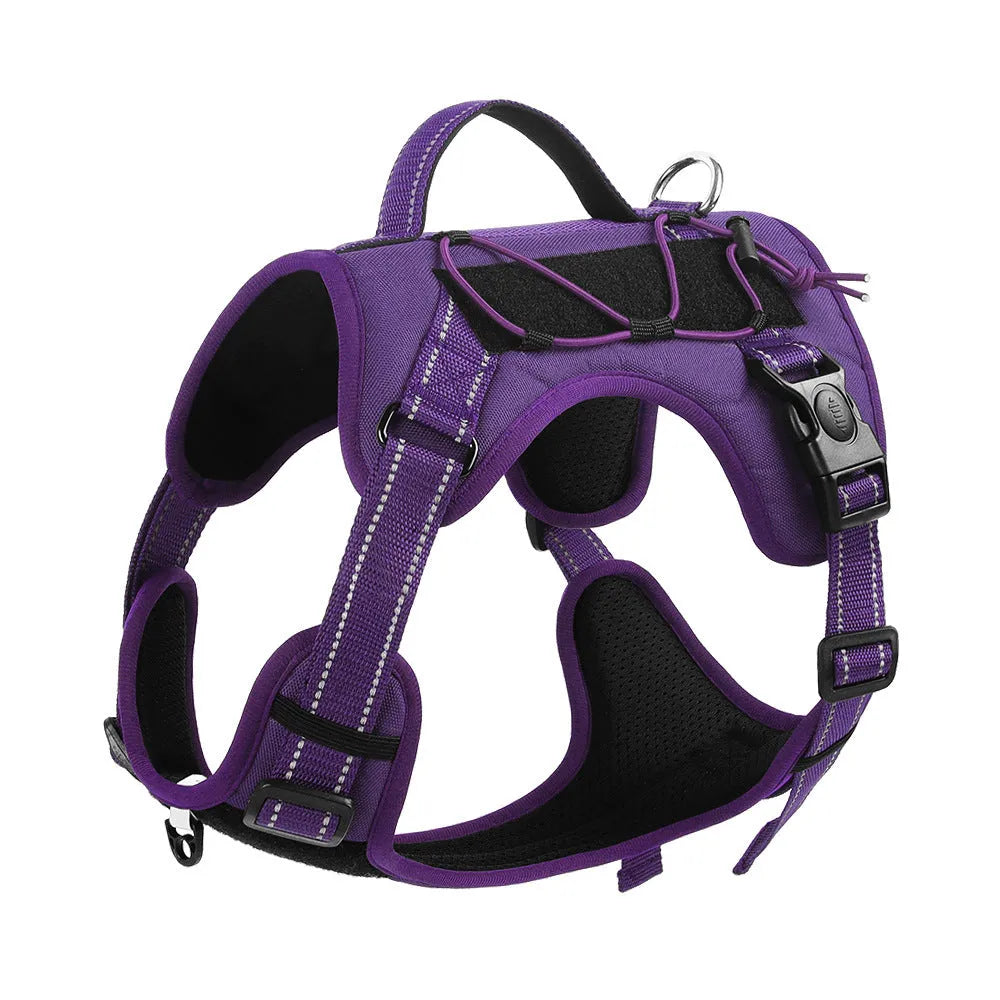 Orange reflective dog harness with an integrated black hand holding rope leash and explosion-proof breast strap.
