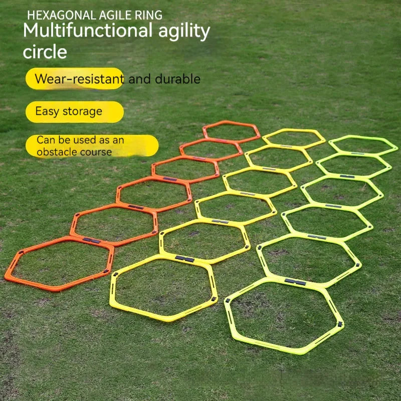 Set of six foldable yellow, green, and orange hexagon plastic agility training rings for football drills.