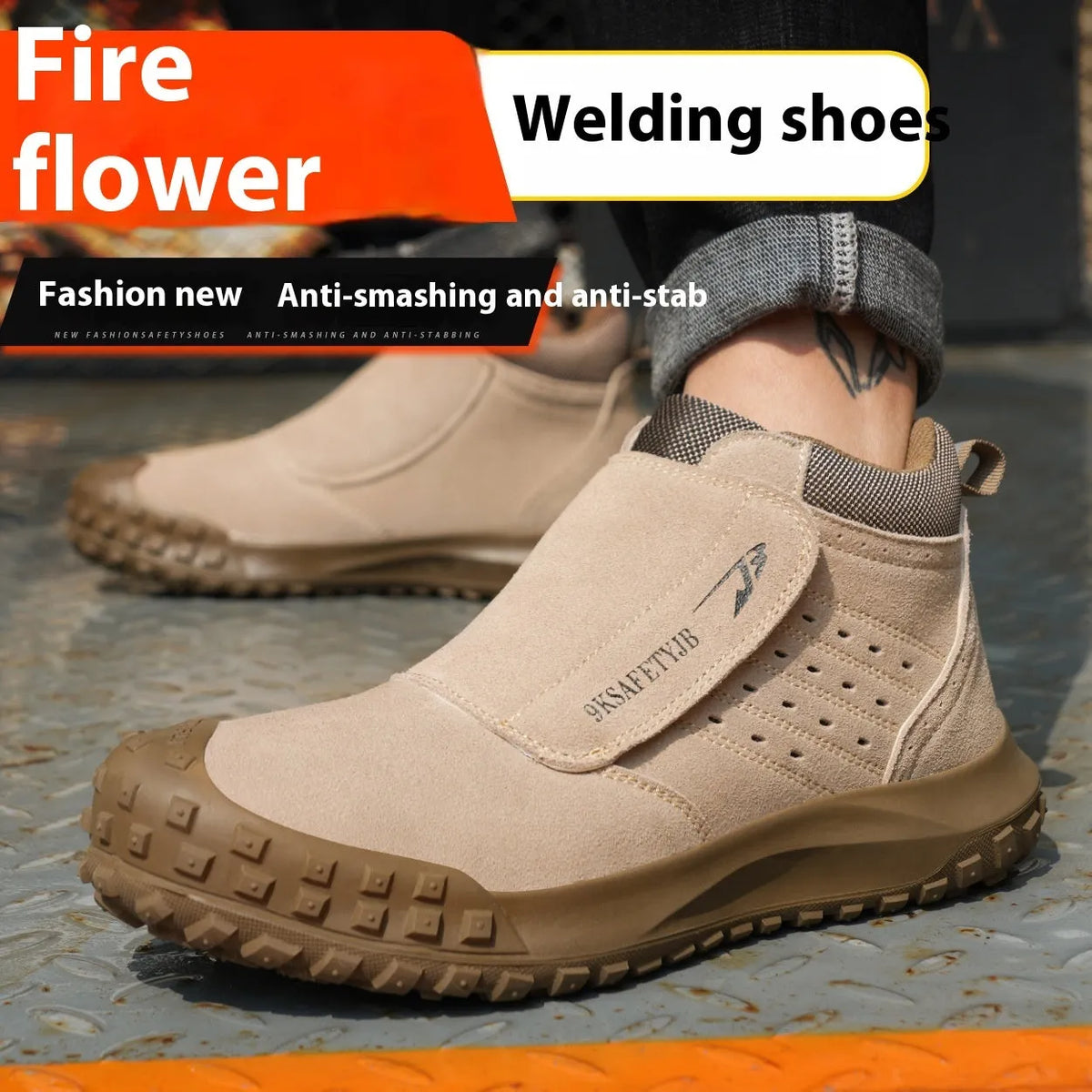 Lightweight welder safety shoe with steel toe cap in sand colour, shown with lace-up front.